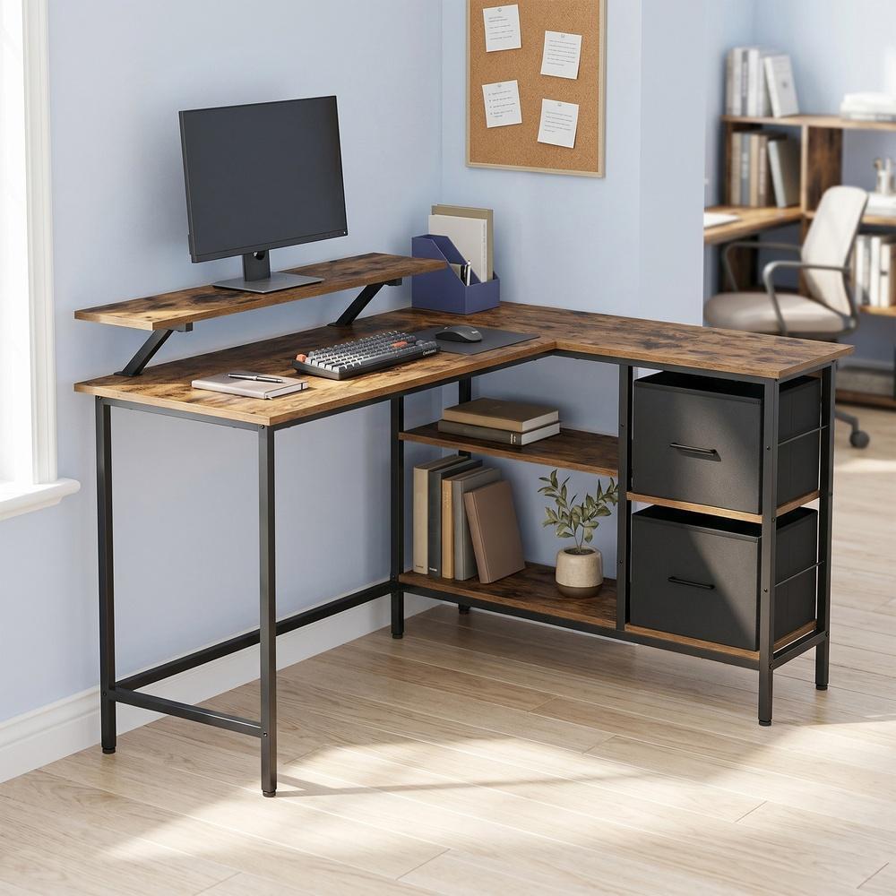 Corner Computer Desk with Monitor Stand, 115 cm Wide, Adjustable Shelf, 2 Drawers, for Home Office, Brown - image 24