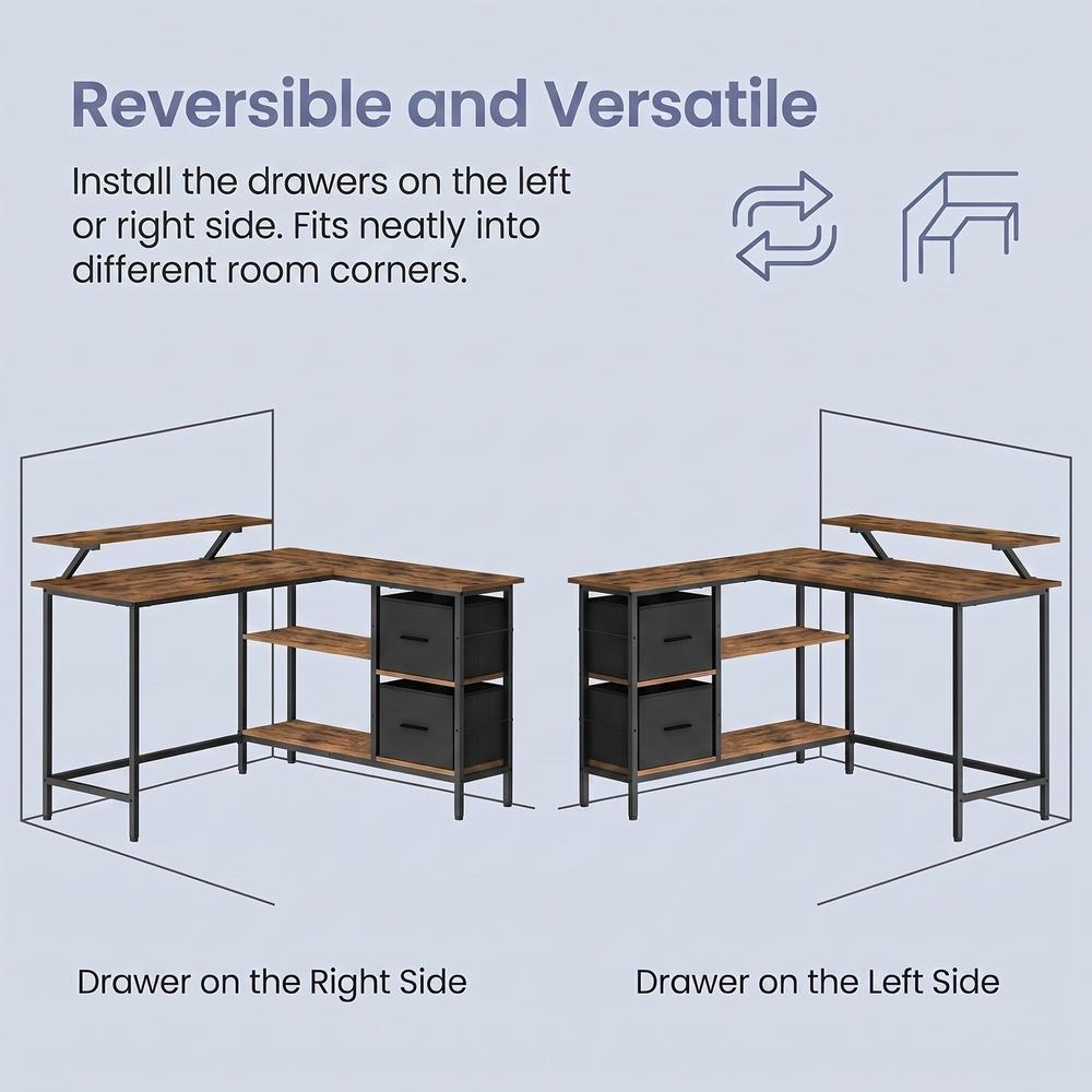 Corner Computer Desk with Monitor Stand, 115 cm Wide, Adjustable Shelf, 2 Drawers, for Home Office, Brown - image 25
