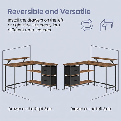 Corner Computer Desk with Monitor Stand, 135 cm Wide, Adjustable Shelf, 2 Drawers, for Home Office, Brown - image 4