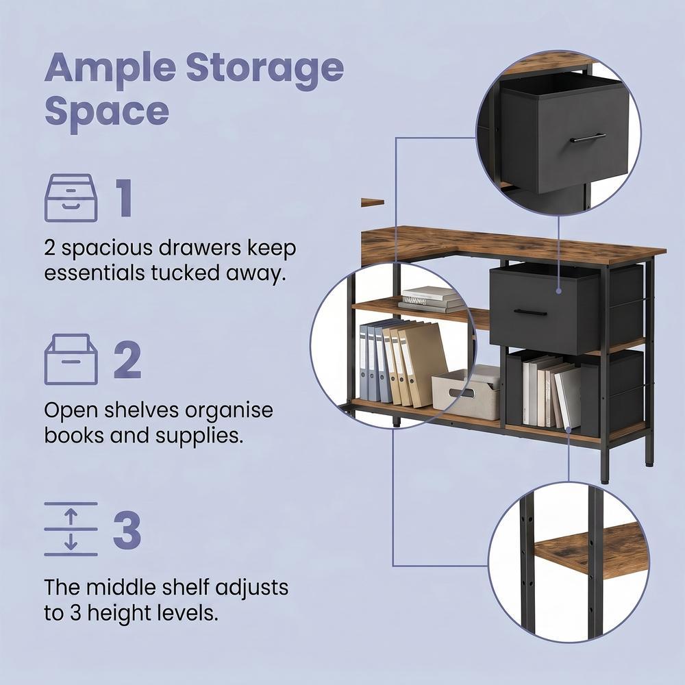 Corner Computer Desk with Monitor Stand, 115 cm Wide, Adjustable Shelf, 2 Drawers, for Home Office, Brown - image 26