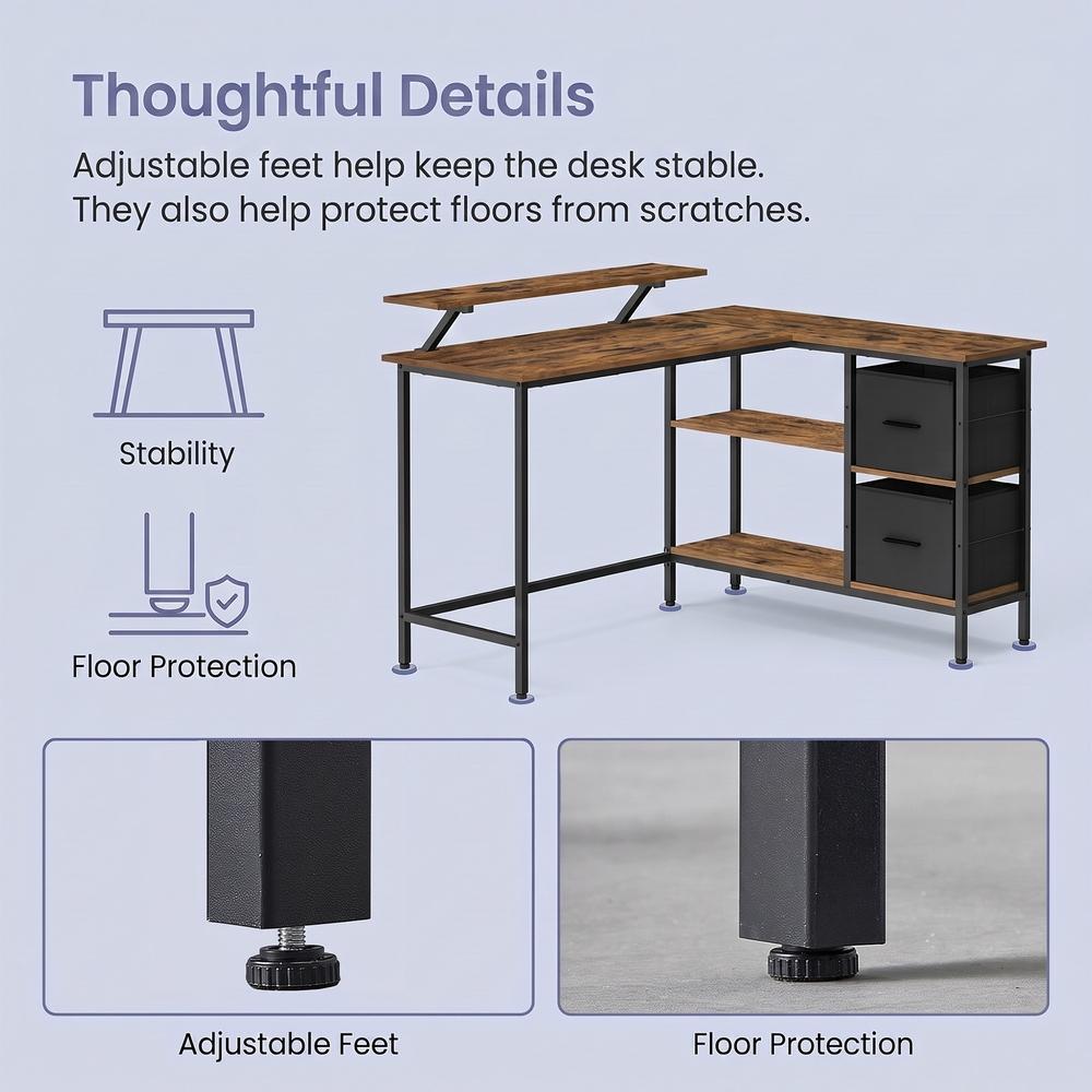Corner Computer Desk with Monitor Stand, 115 cm Wide, Adjustable Shelf, 2 Drawers, for Home Office, Brown - image 27