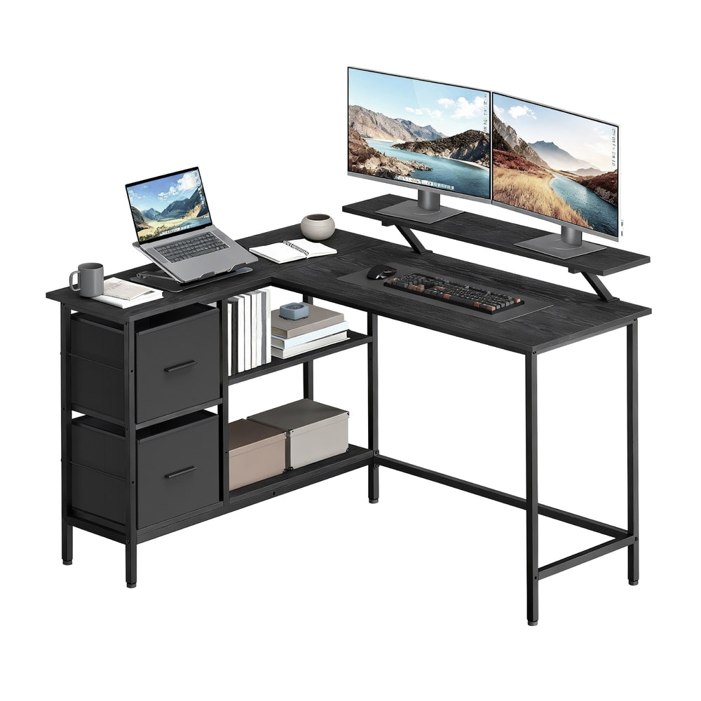 Corner Computer Desk with Monitor Stand, 115 cm Wide, Adjustable Shelf, 2 Drawers, for Home Office, Brown - image 13