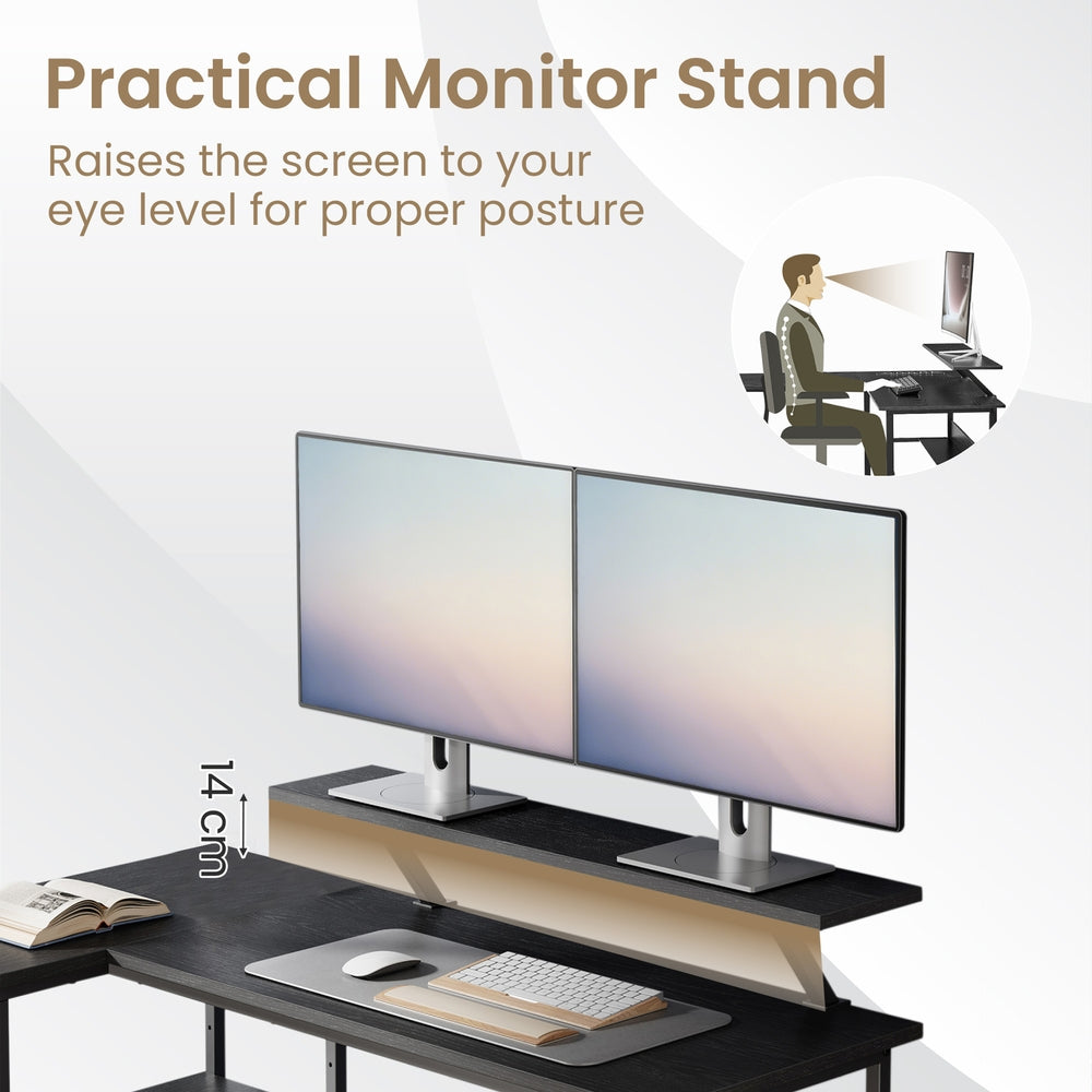 Corner Computer Desk with Monitor Stand, 115 cm Wide, Adjustable Shelf, 2 Drawers, for Home Office, Brown - image 16