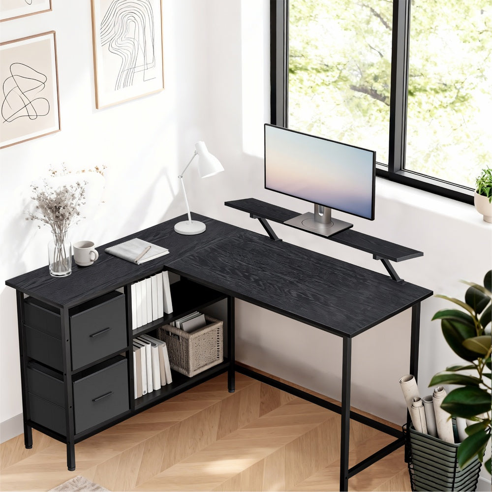 Corner Computer Desk with Monitor Stand, 115 cm Wide, Adjustable Shelf, 2 Drawers, for Home Office, Brown - image 14