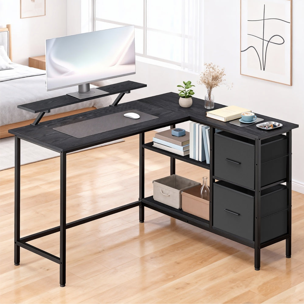 Corner Computer Desk with Monitor Stand, 115 cm Wide, Adjustable Shelf, 2 Drawers, for Home Office, Brown - image 17