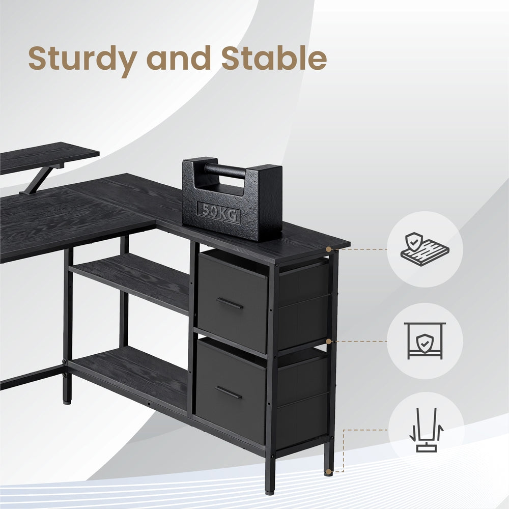 Corner Computer Desk with Monitor Stand, 115 cm Wide, Adjustable Shelf, 2 Drawers, for Home Office, Brown - image 19