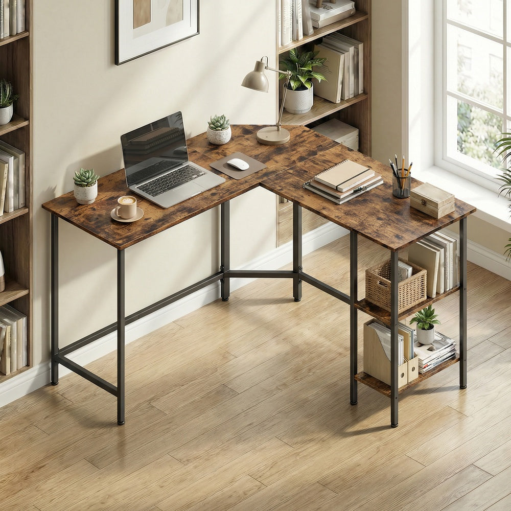 L-Shaped Office Desk, Space-Saving Corner Computer Desk with 2 Shelves, Easy Assembly, Brown and Black - image 23