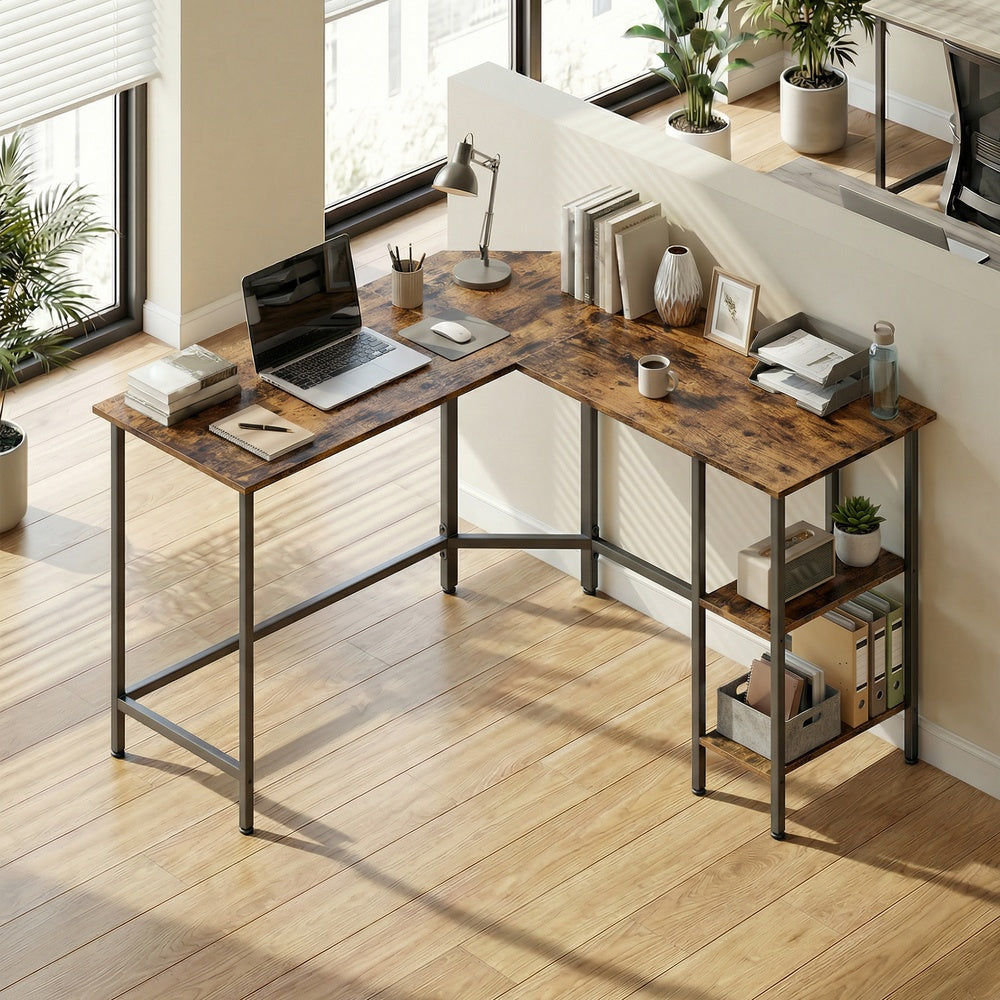 L-Shaped Office Desk, Space-Saving Corner Computer Desk with 2 Shelves, Easy Assembly, Brown and Black - image 27