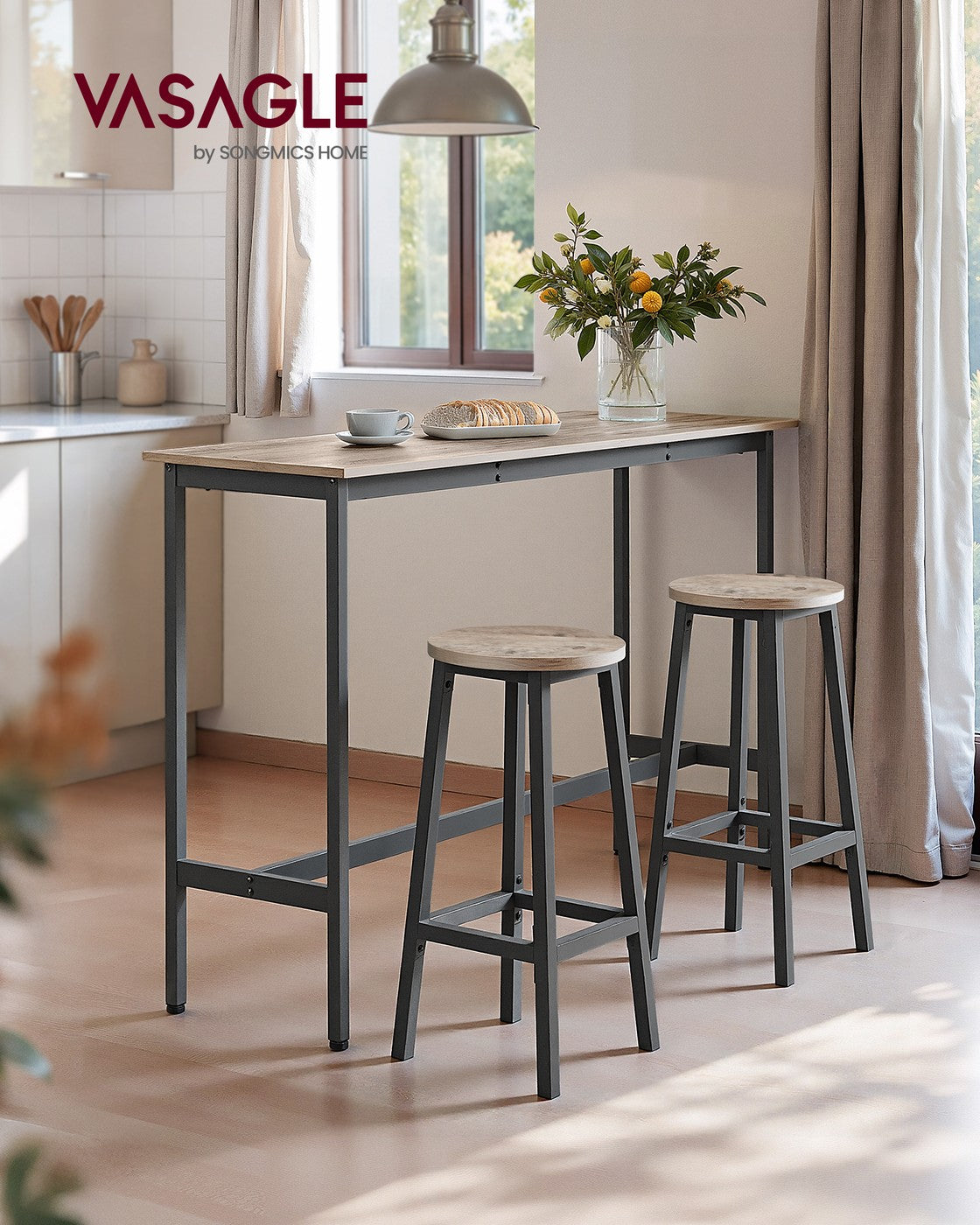 Bar Stool Set of 2 Round Chair Steel Frame Greige and Black - image 2