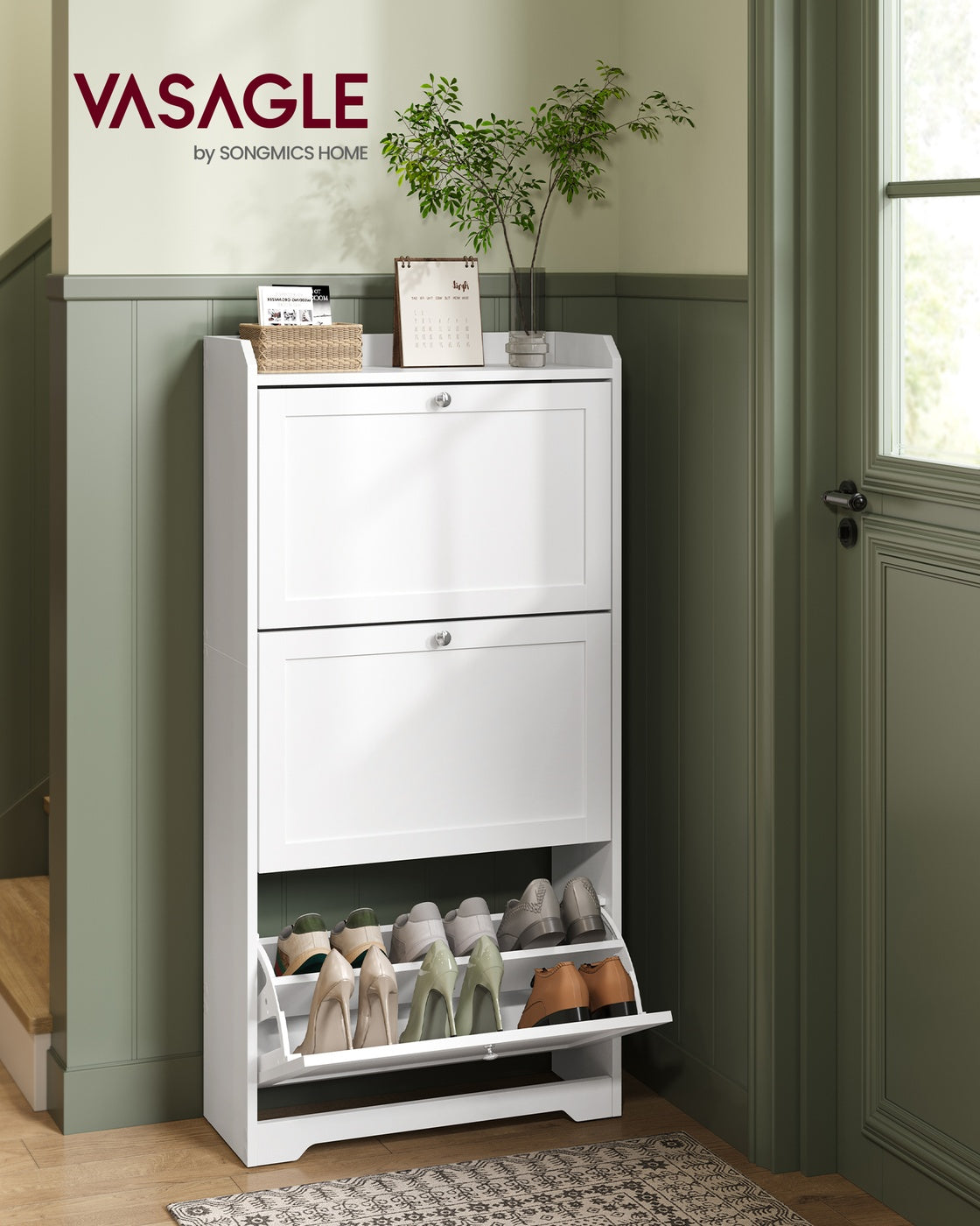 Shoe Cabinet, 3 Flip Drawers, 24 x 60 x 121.2 cm, Cloud White - image 2
