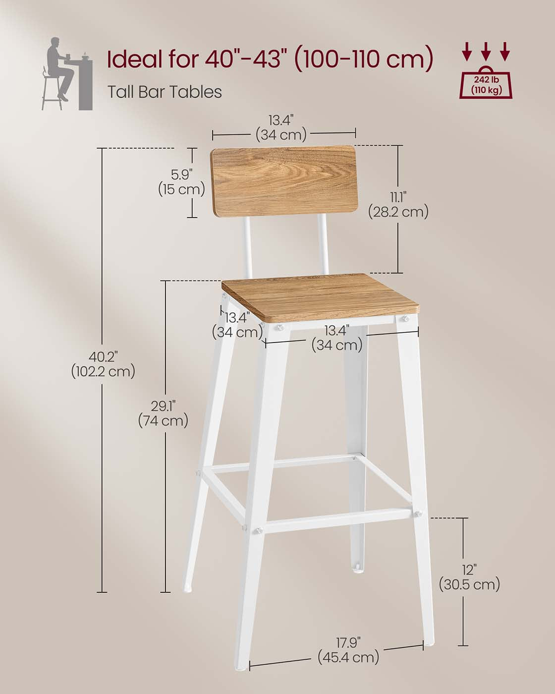 Industrial Steel Bar Stools Set of 2 with Backrests - Easy Assembly Kitchen/Bar Stools in Rustic Brown & Black - image 14