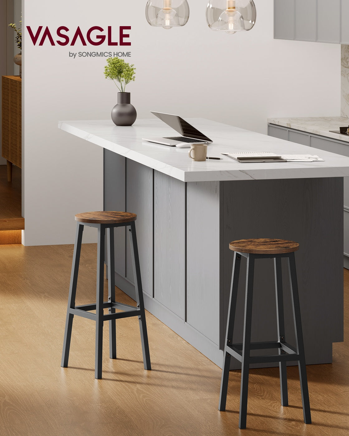 Bar Stools Set of 2 Kitchen Stools 74 cm High Rustic Brown and Black - image 3