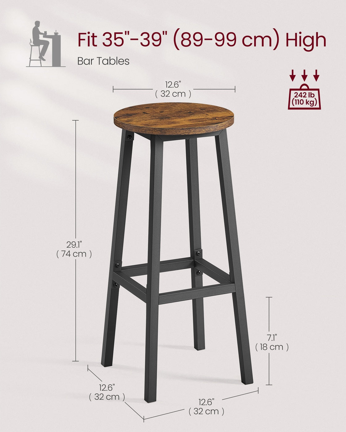 Bar Stools Set of 2 Kitchen Stools 74 cm High Rustic Brown and Black - image 6