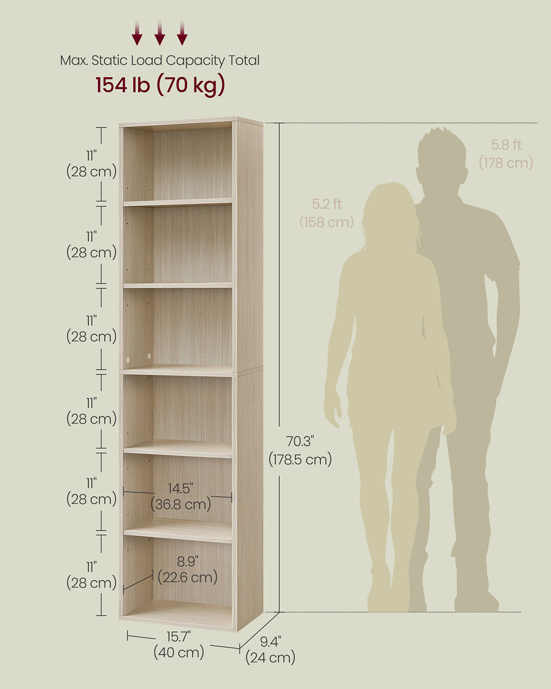 Bookcase 6-Tier Bookshelf 24 x 40 x 178.5 cm Natural Beige - image 5