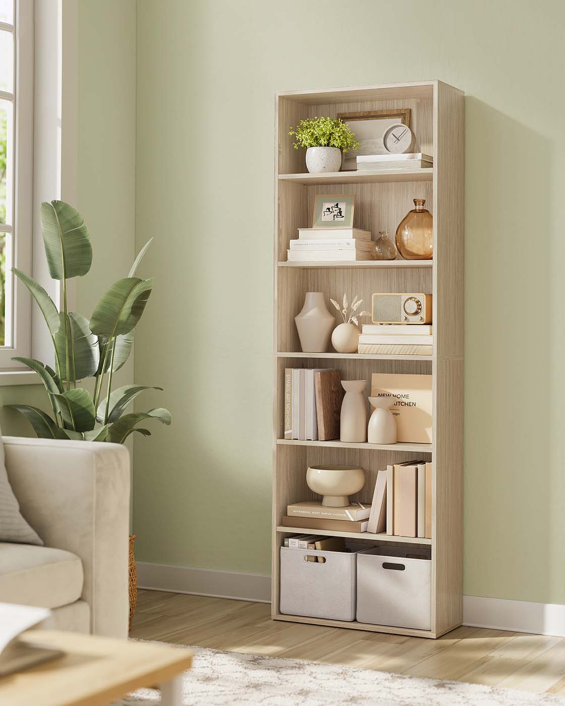 Bookcase 6-Tier Bookshelf Open Storage 24 x 60 x 178.5 cm Natural Beige - image 2