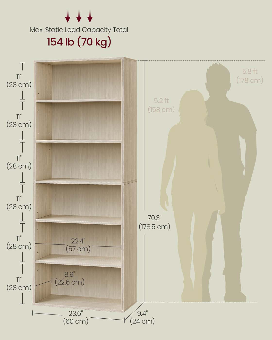 Bookcase 6-Tier Bookshelf Open Storage 24 x 60 x 178.5 cm Natural Beige - image 5