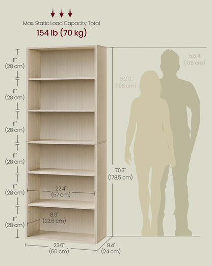 Bookcase 6-Tier Bookshelf Open Storage 24 x 60 x 178.5 cm Natural Beige - image 5