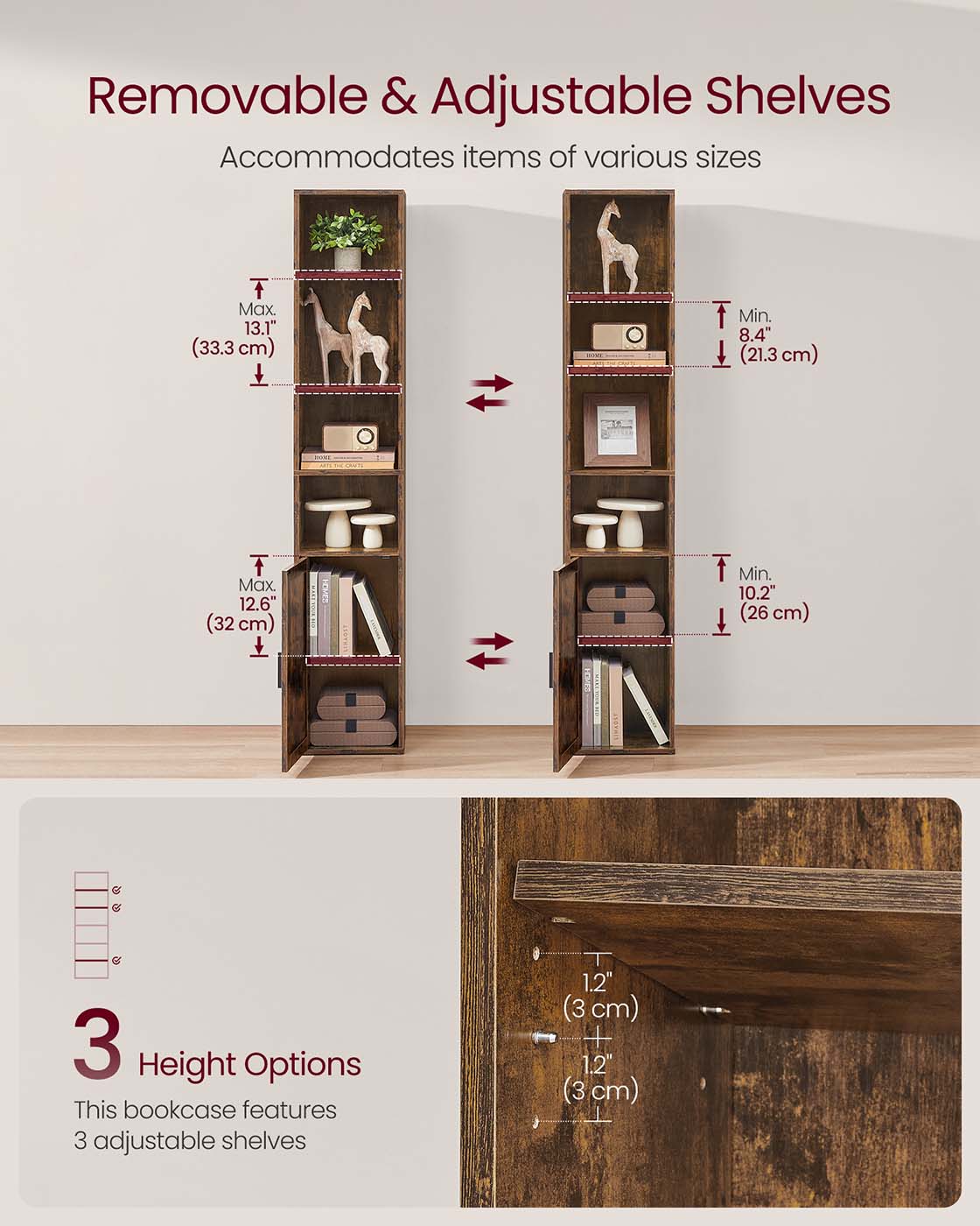 Tall Wooden Bookcase with Door Rustic Brown - image 3