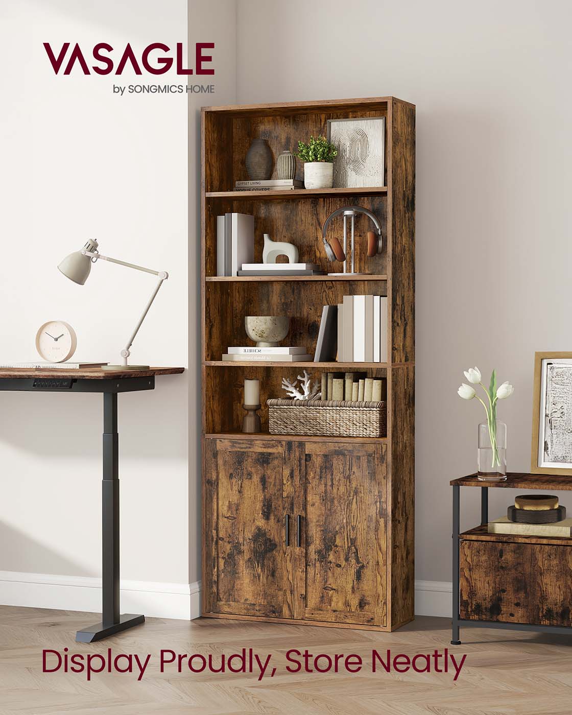 Tall Wooden Bookcase with Door Rustic Brown - image 14