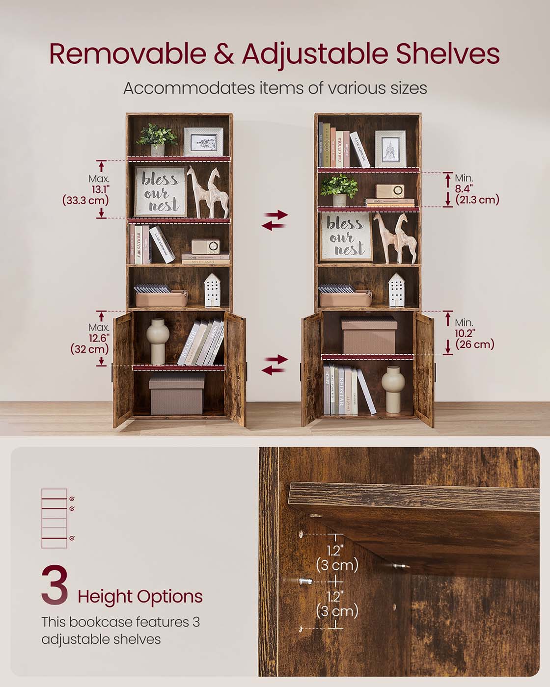 Tall Wooden Bookcase with Door Rustic Brown - image 15