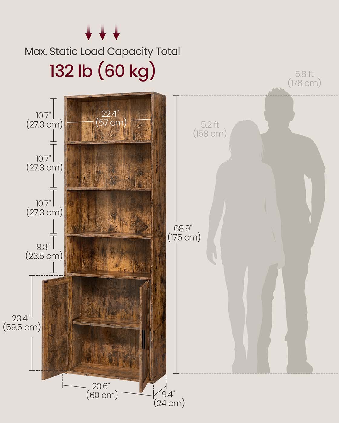 Tall Wooden Bookcase with Door Rustic Brown - image 18