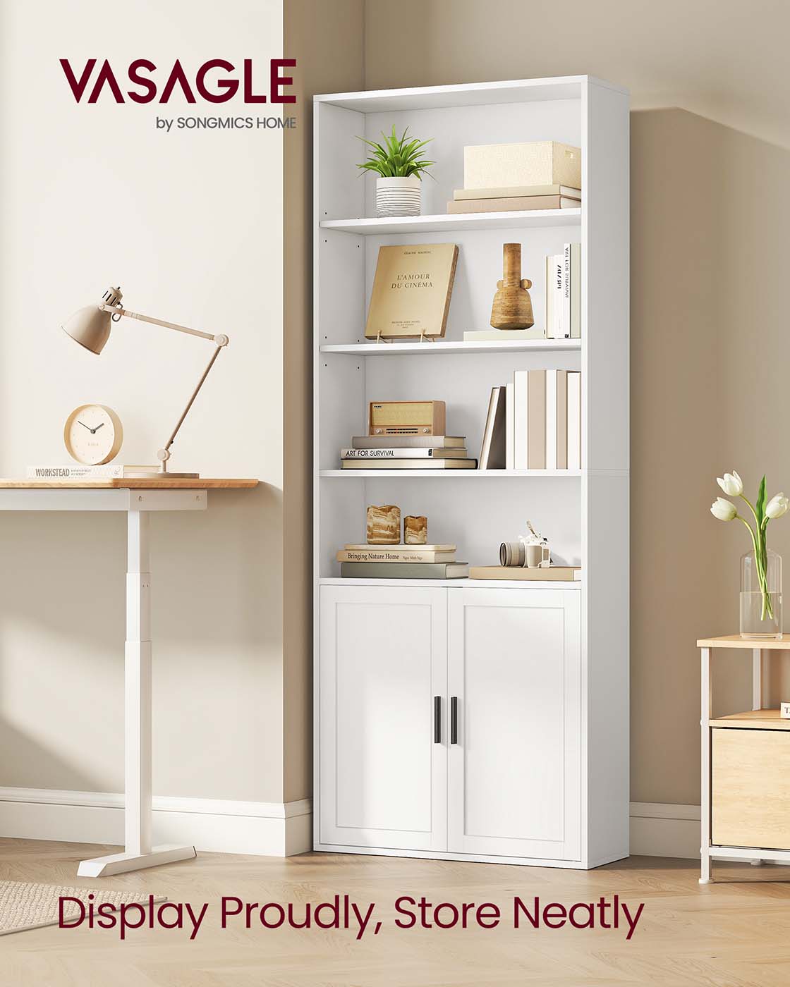 Tall Wooden Bookcase with Door Rustic Brown - image 20