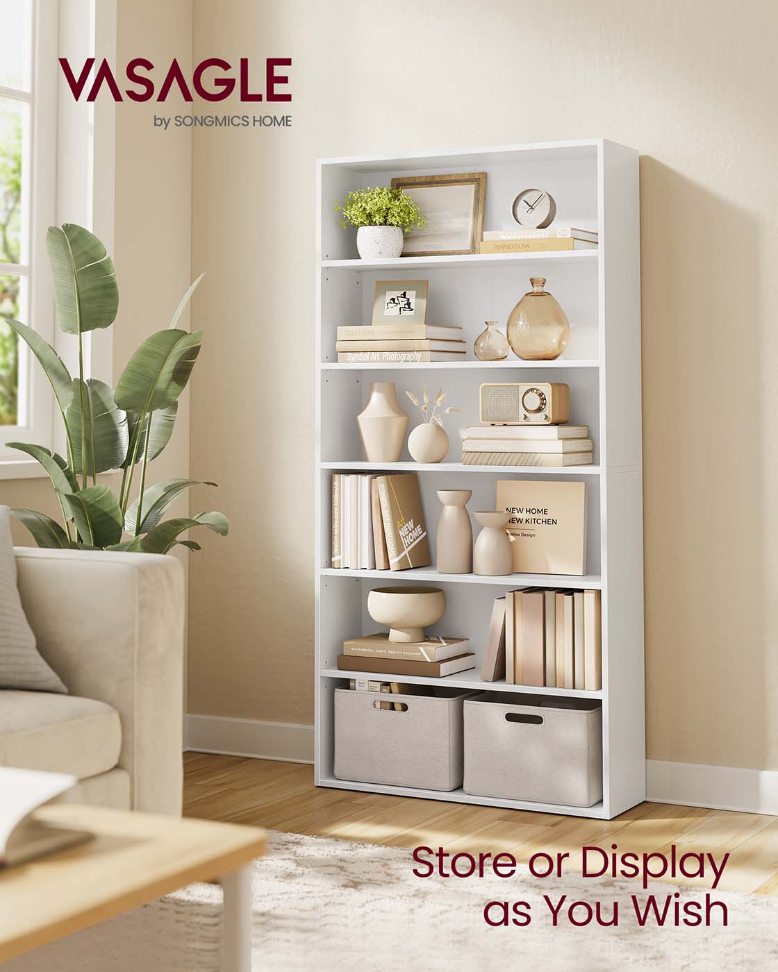 5-Tier Wooden Bookcase Shelf 24 x 80 x 160.7 cm, Cloud White - image 2