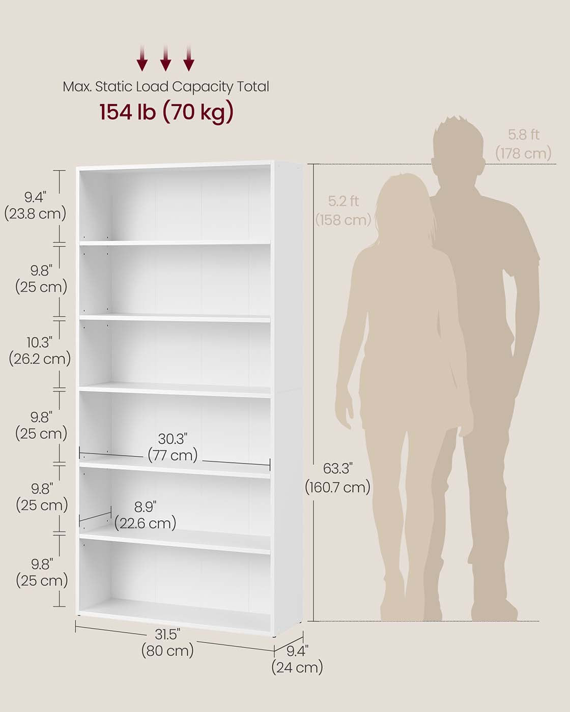 5-Tier Wooden Bookcase Shelf 24 x 80 x 160.7 cm, Cloud White - image 5