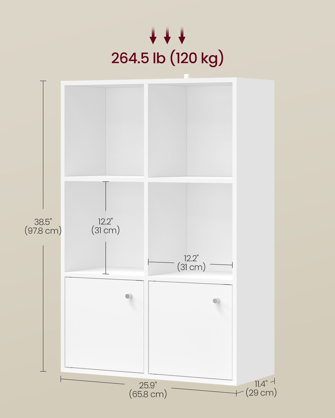 3-Tier Bookcase with 2 Cabinets, 29 x 65.8 x 97.8 cm, Cloud White - image 5