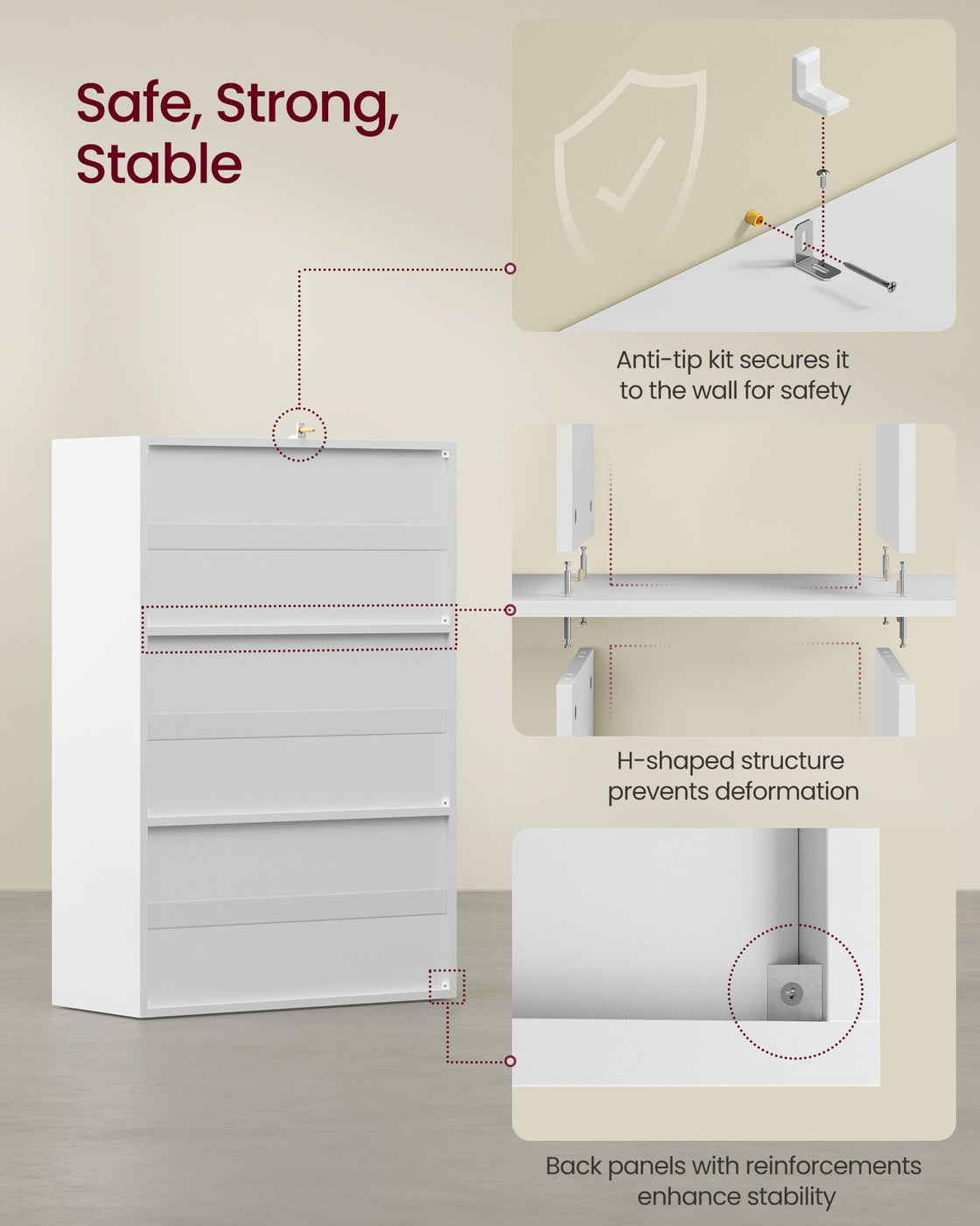 3-Tier Bookcase with 2 Cabinets, 29 x 65.8 x 97.8 cm, Cloud White - image 6