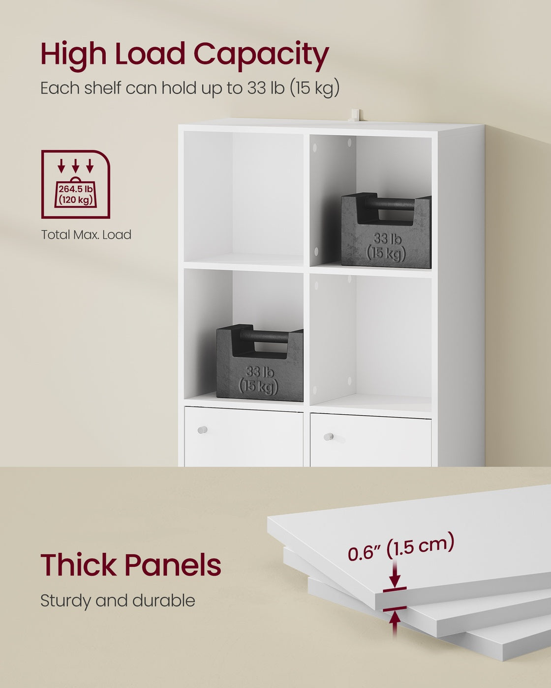 3-Tier Bookcase with 2 Cabinets, 29 x 65.8 x 97.8 cm, Cloud White - image 7