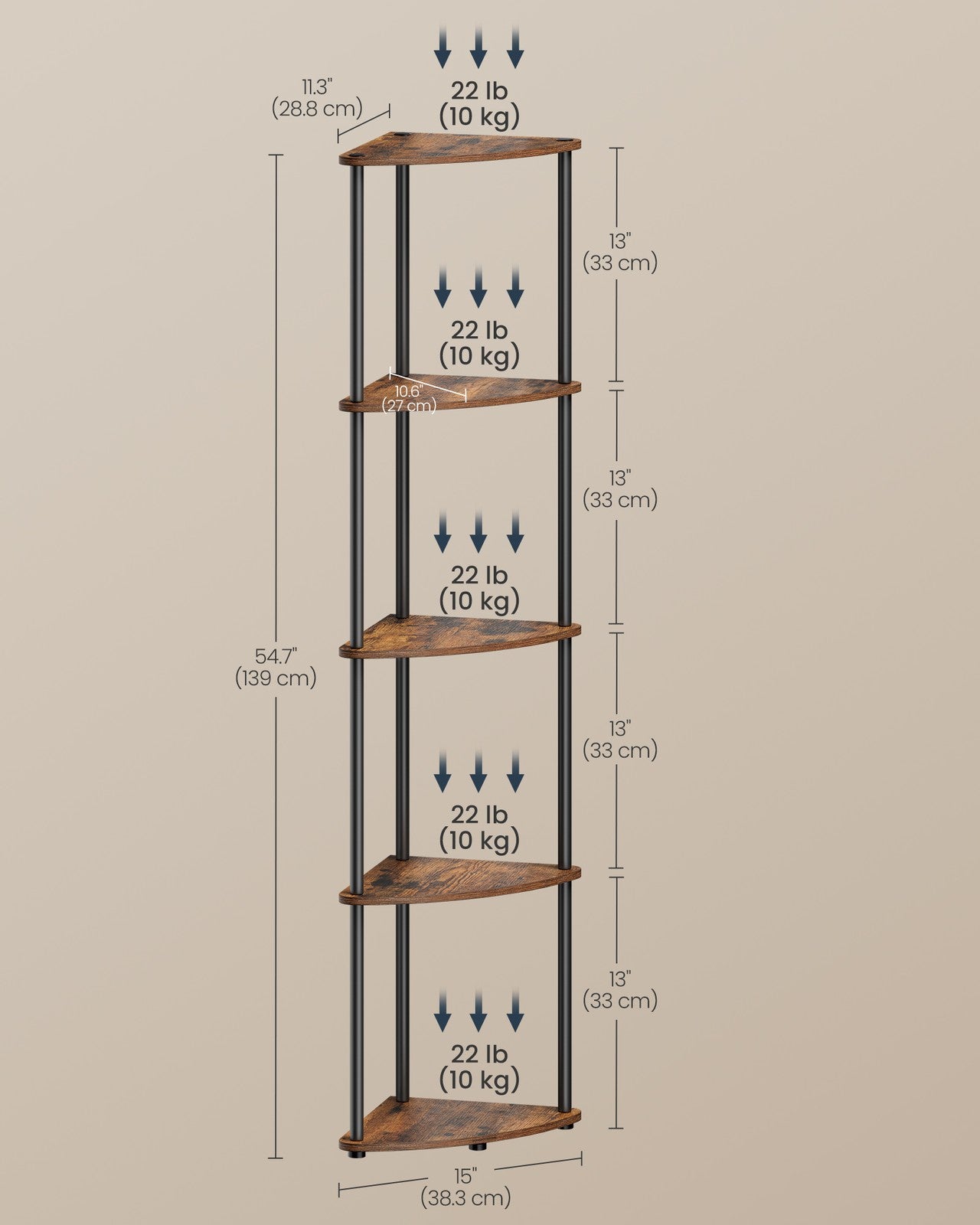 5-Tier Corner Shelf 38.3 x 27 x 139 cm Toolless Assembly - image 6