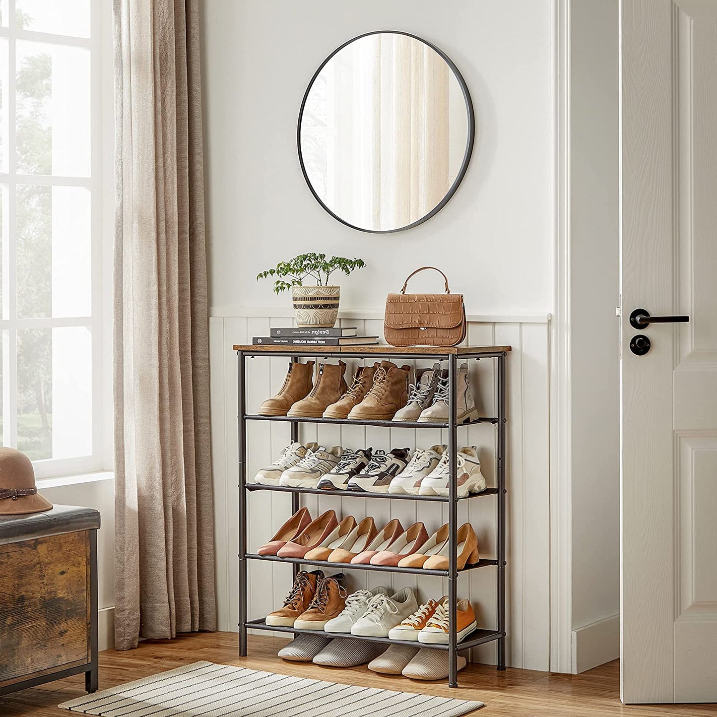Industrial 5-Tier Steel Shoe Stand with 4 Cloth Shelves, Top Storage for Bags - image 3