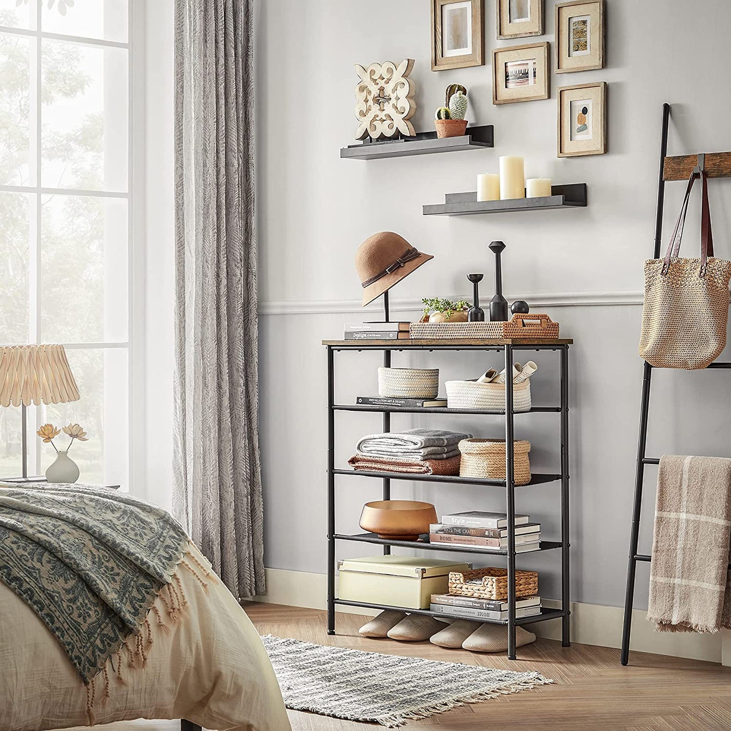 Industrial 5-Tier Steel Shoe Stand with 4 Cloth Shelves, Top Storage for Bags - image 4
