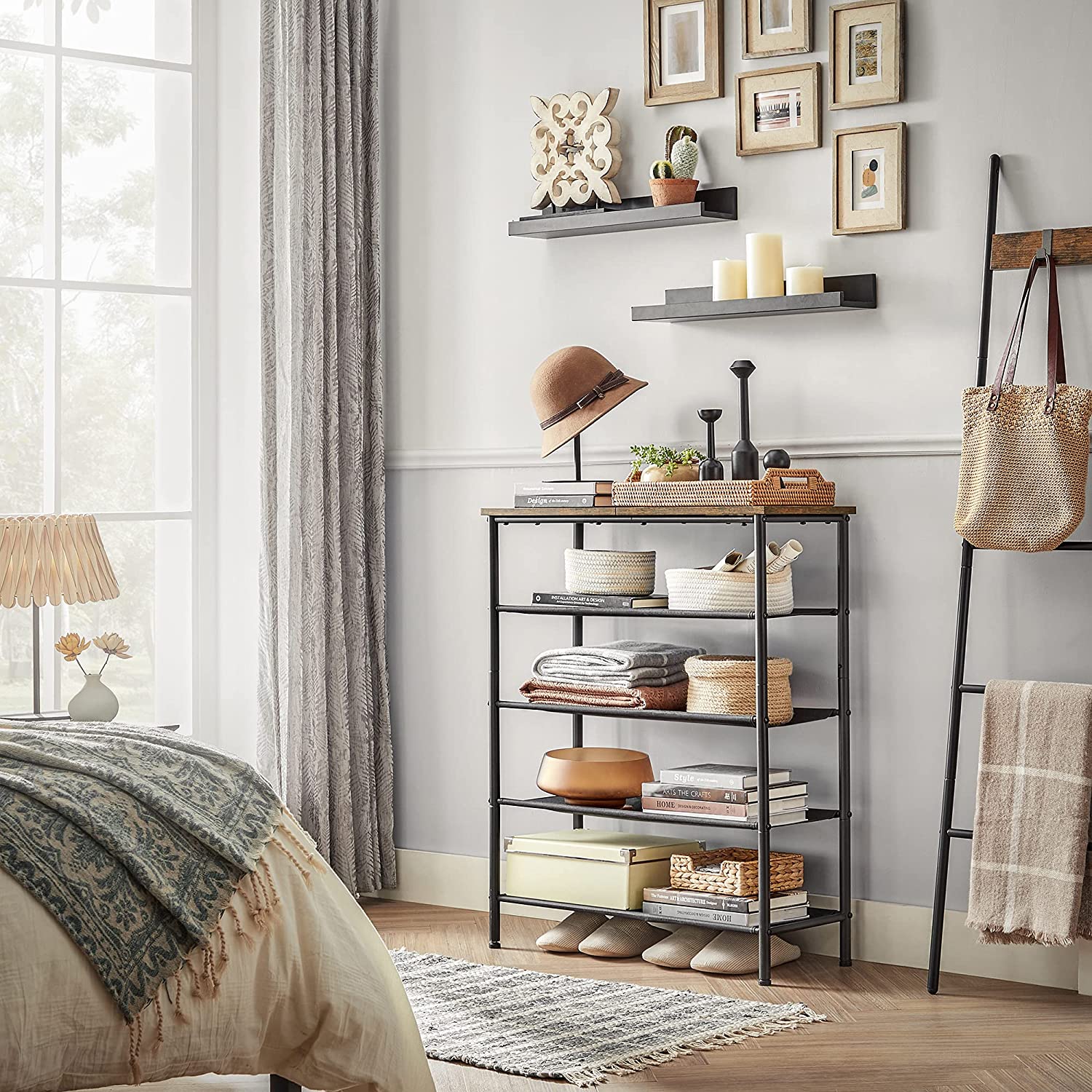 Industrial 5-Tier Steel Shoe Stand with 4 Cloth Shelves, Top Storage for Bags - image 4