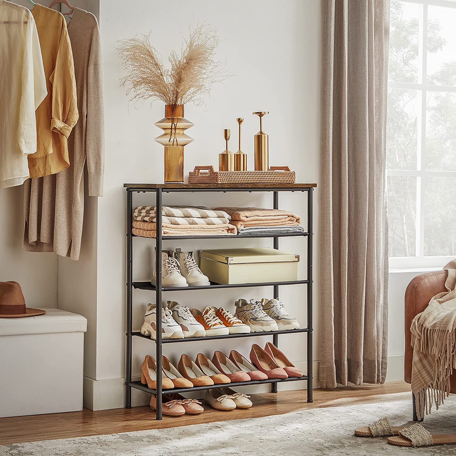 Industrial 5-Tier Steel Shoe Stand with 4 Cloth Shelves, Top Storage for Bags - image 5