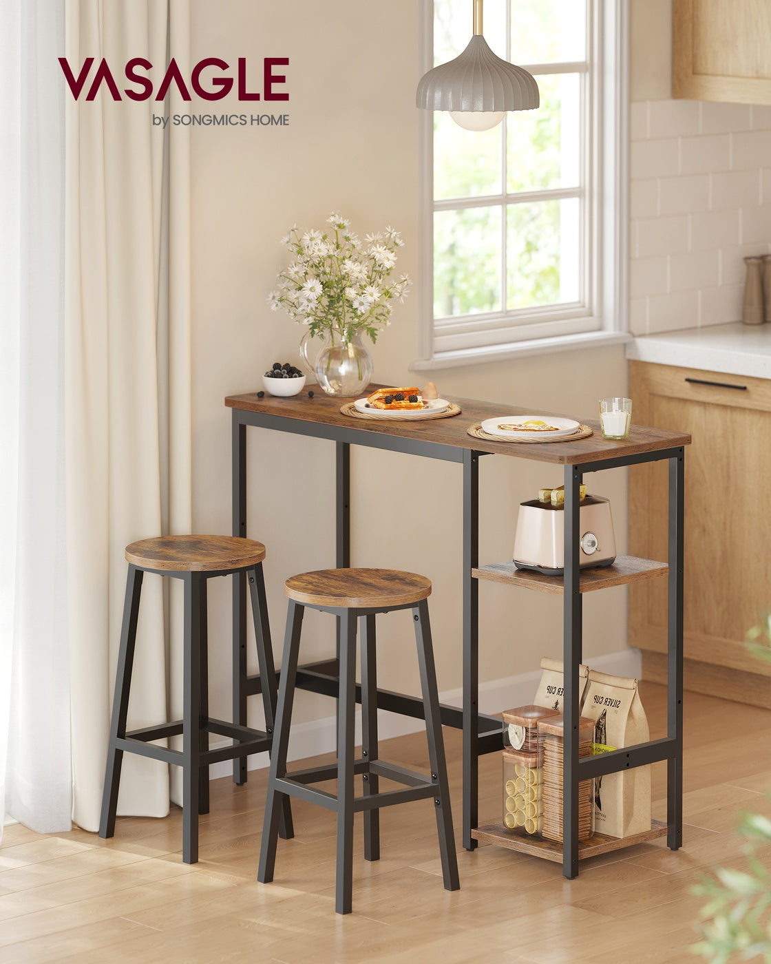 Bar Table Set with 2 Stools Rustic Brown and Ink Black - image 2