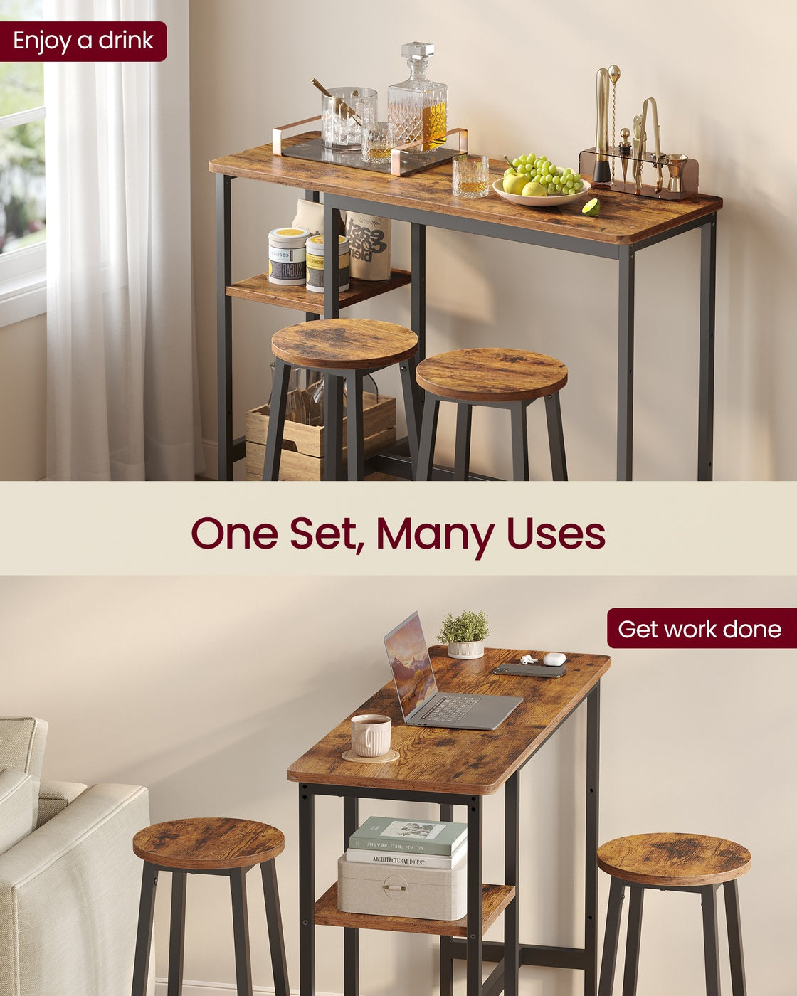 Bar Table Set with 2 Stools Rustic Brown and Ink Black - image 4