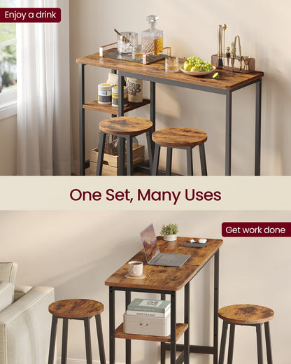 Bar Table Set with 2 Stools Rustic Brown and Ink Black - image 4