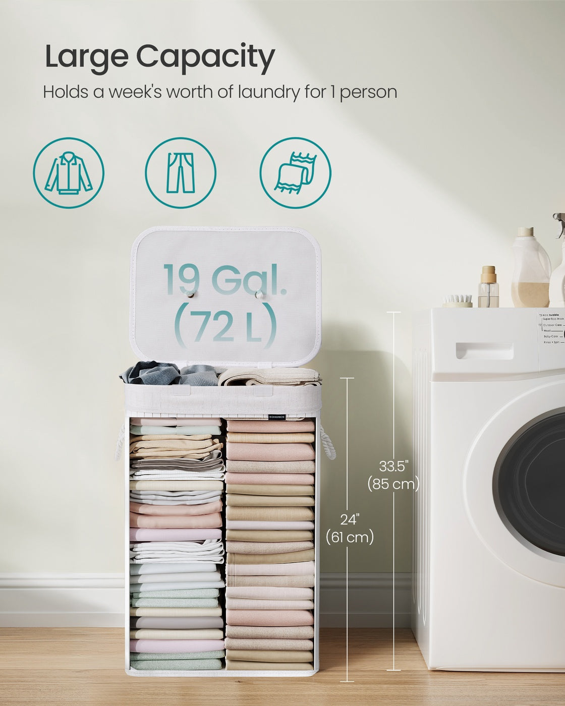 72L Bamboo Laundry Basket with 3 Handles Cloud White - image 4