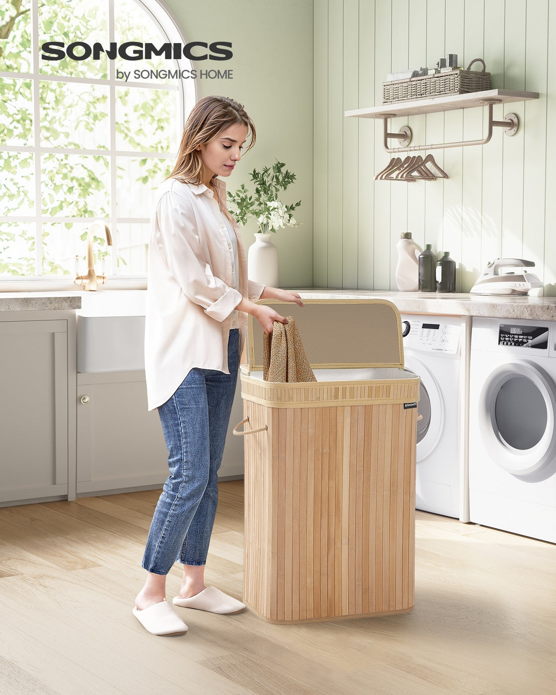 Bamboo Laundry Hamper, 72 L, Removable Liner, Natural Beige - image 2