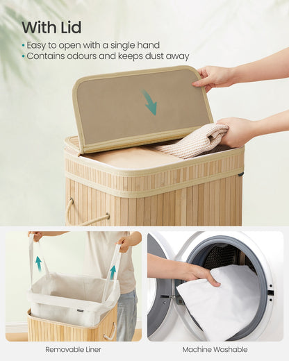 Bamboo Laundry Hamper, 72 L, Removable Liner, Natural Beige - image 3