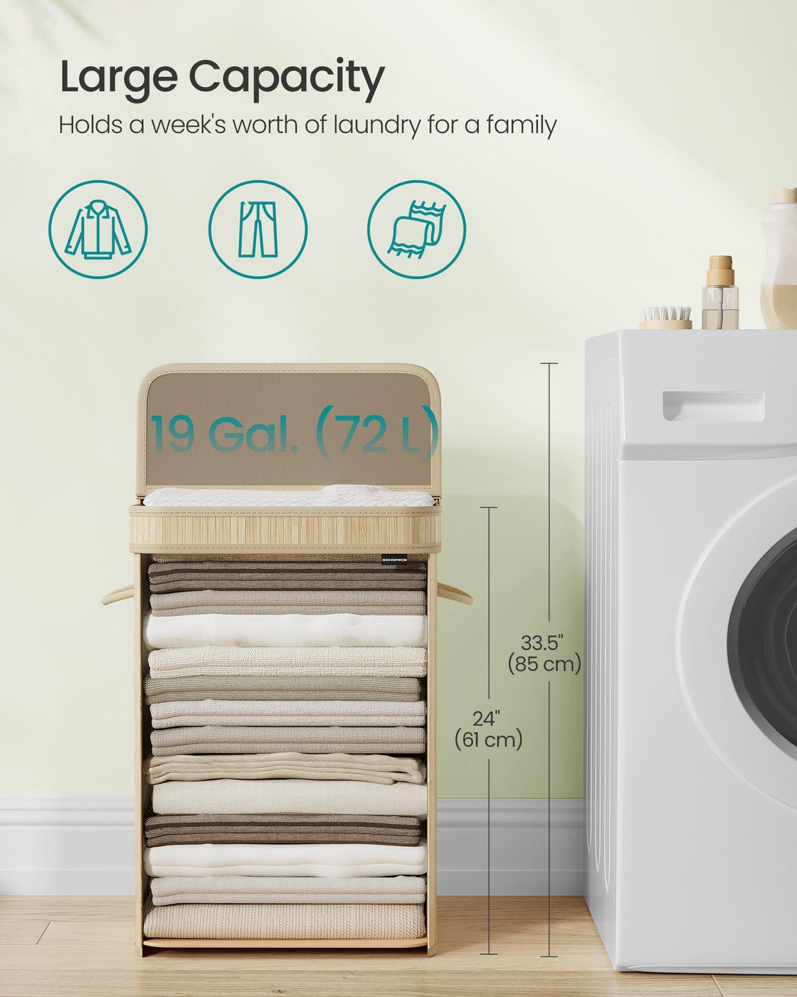 Bamboo Laundry Hamper, 72 L, Removable Liner, Natural Beige - image 4