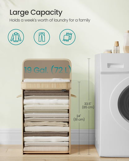 Bamboo Laundry Hamper, 72 L, Removable Liner, Natural Beige - image 4