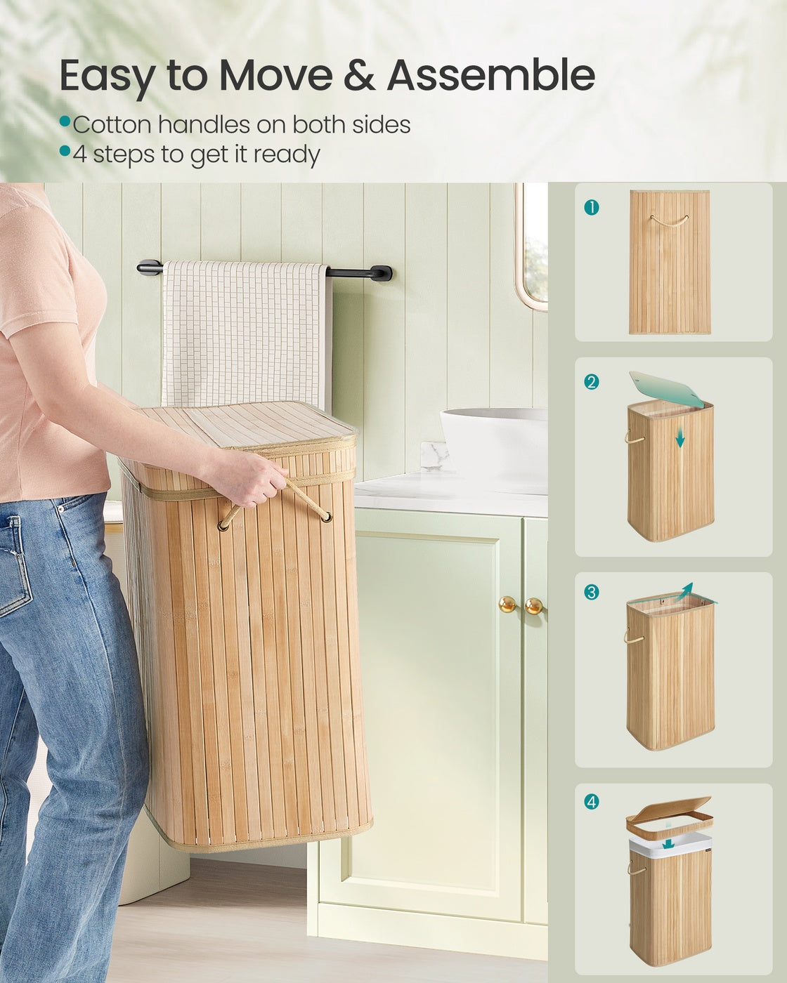 Bamboo Laundry Hamper, 72 L, Removable Liner, Natural Beige - image 6