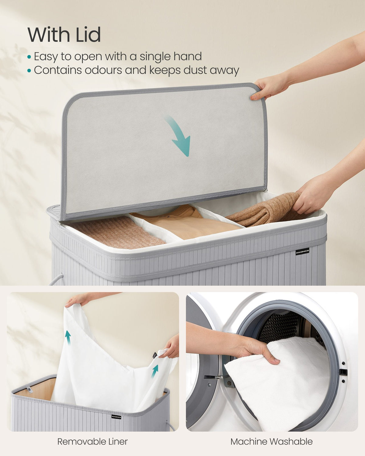 Bamboo Laundry Hamper, 72 L, Removable Liner, Natural Beige - image 9
