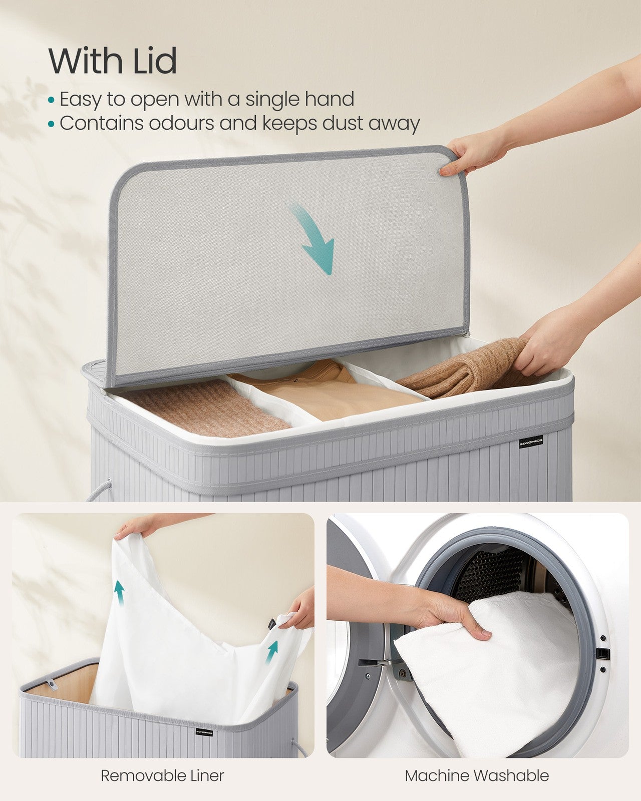 Bamboo Laundry Hamper, 72 L, Removable Liner, Natural Beige - image 9