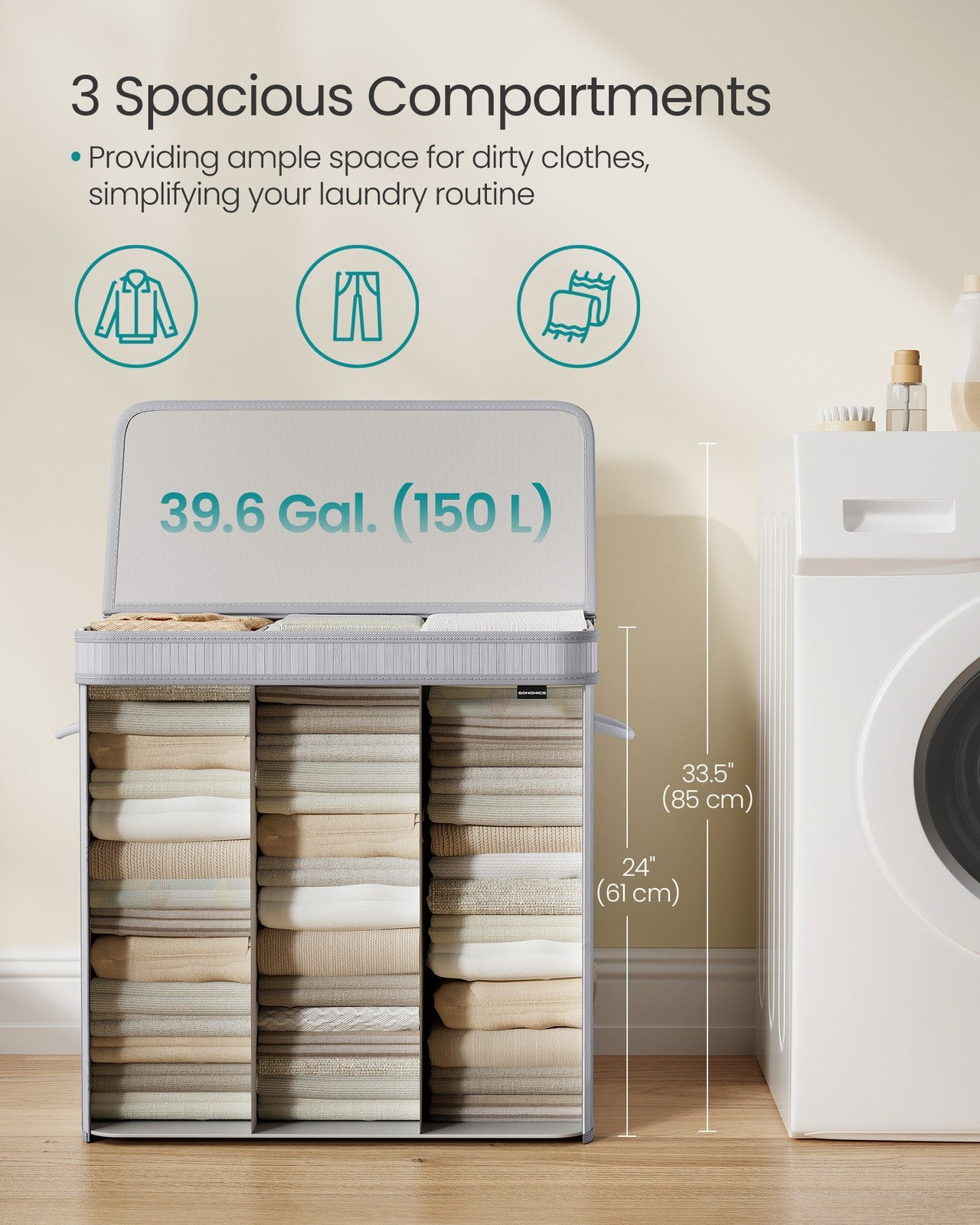Bamboo Laundry Hamper, 72 L, Removable Liner, Natural Beige - image 10