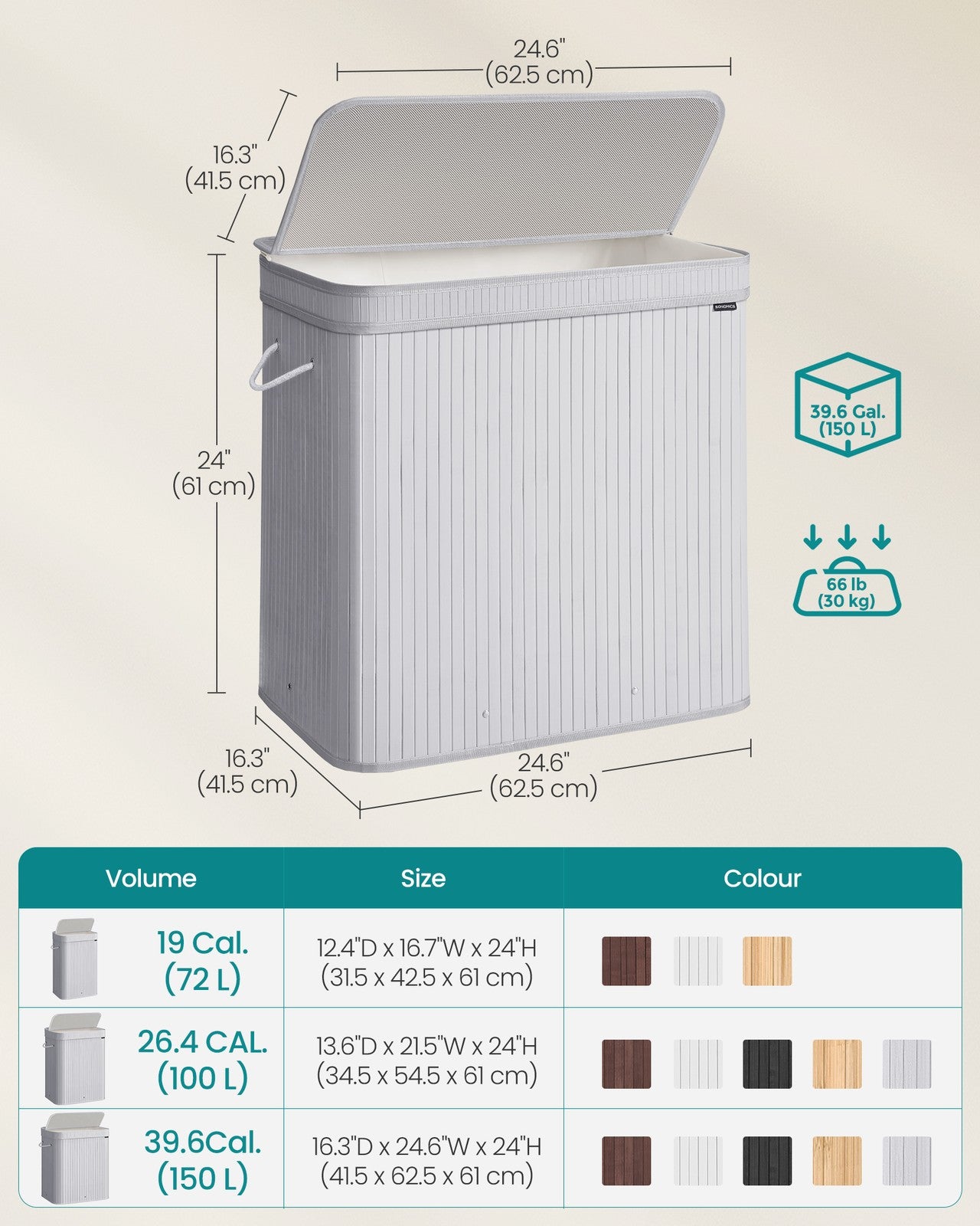 Bamboo Laundry Hamper, 72 L, Removable Liner, Natural Beige - image 11