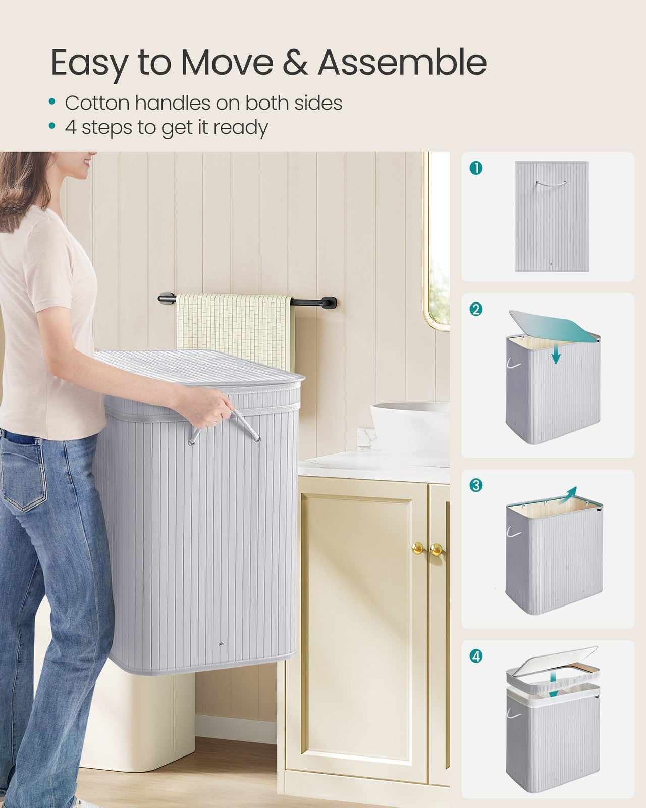 Bamboo Laundry Hamper, 72 L, Removable Liner, Natural Beige - image 12